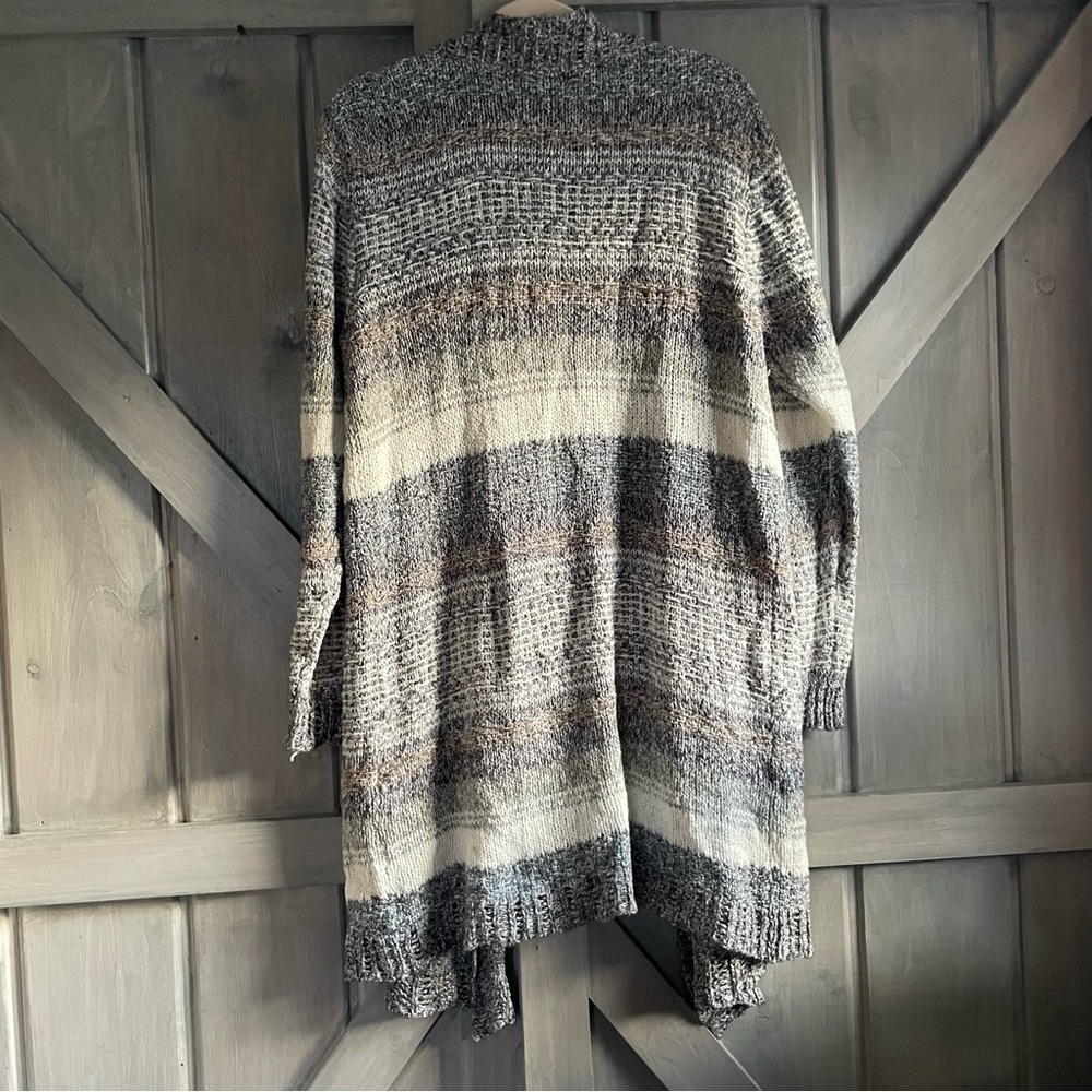 Maurice’s Autumn Stripes Blue brown gray white Open Knit Ruffle Trim long XL - Picture 7 of 7